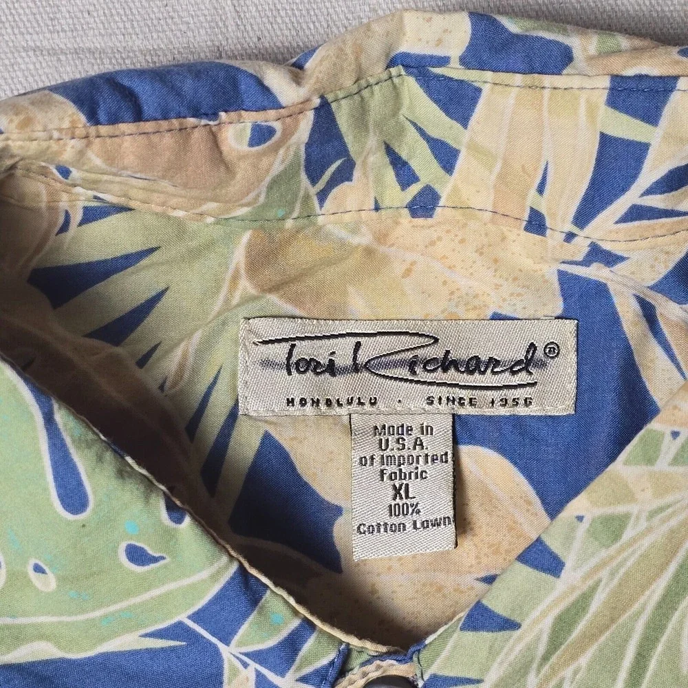 Tori Richard Hawaiian Shirt XL Short Sleeve 100% Cotton Blue/Green Leaves USA - Picture 3 of 16
